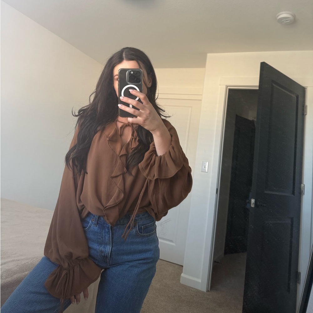 H&M Brown Ruffle Tie-Neck Blouse